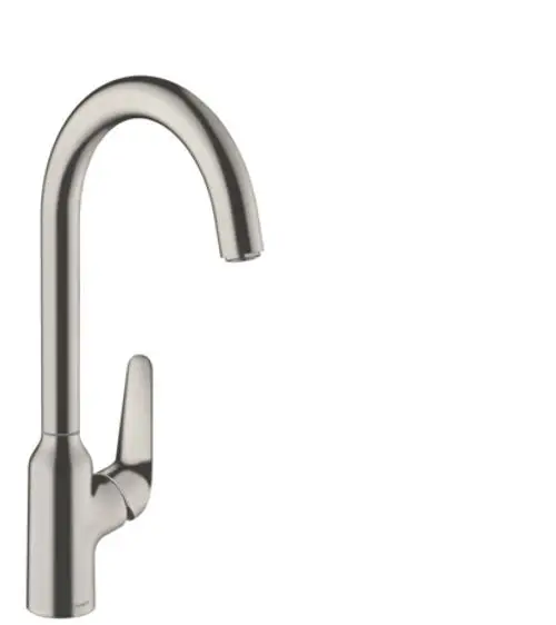 Spültischmischer in Edelstahl-Optik von Hansgrohe mit einem gebogenen Auslauf und einem Hebel zur Steuerung des Wasserflusses.